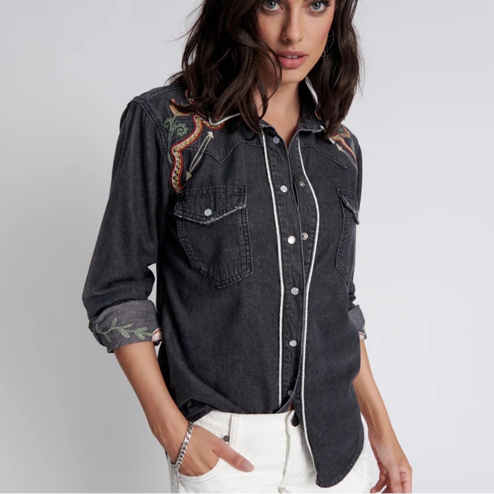 One Teaspoon Desert Western Long Sleeve Denim Button Down Shirt with Embroidery